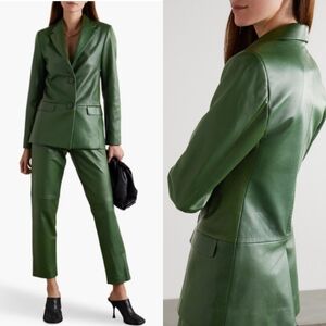 Bouguessa Amina Leather Blazer Jacket Green 2 Buttons Closure Size M